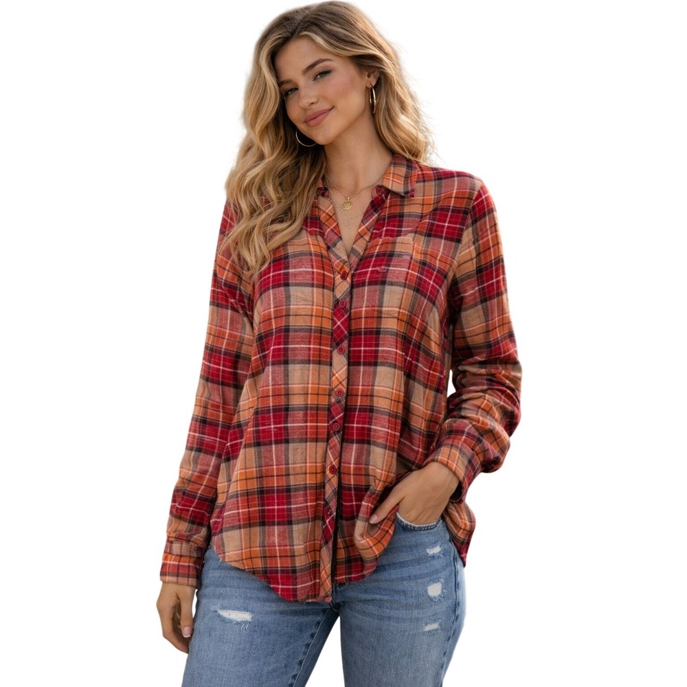 Weatherproof Vintage Plaid Button Down Women Sz. S‎ Orange Red Stretch *NWT*